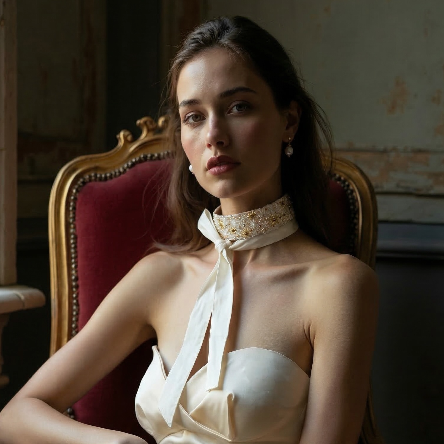 Collier choker Louise — Collier et accessoire de cheveux brodé soie & perles — bijou mariée artisanal — Vue portée — Les Majestés