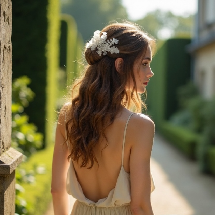 Ornement floral en soie LILY — accessoire de cheveux artisanal — mariage — vue portée — Les Majestés