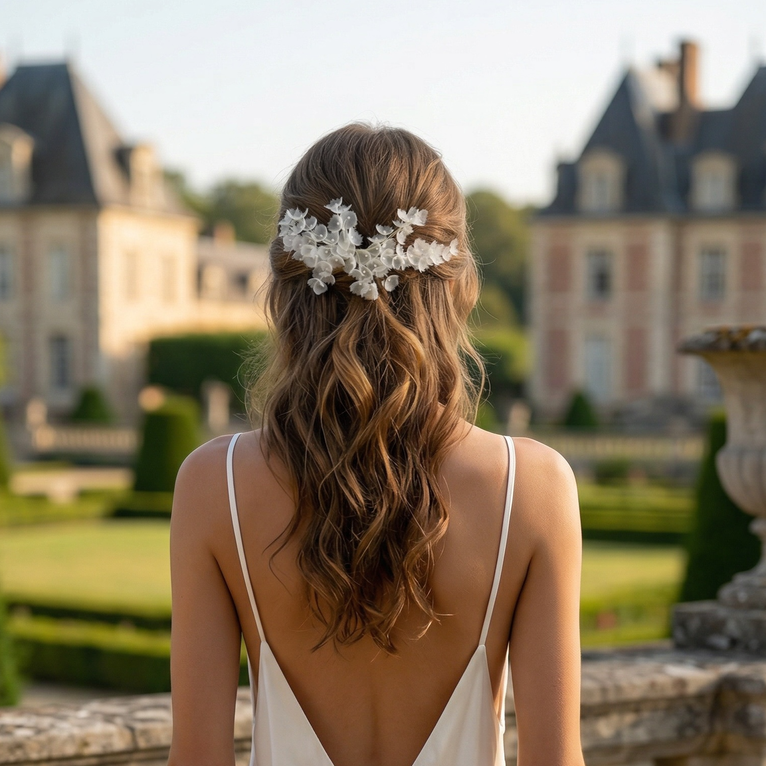 Ornement floral en soie LILY — accessoire de cheveux artisanal — mariage — vue portée — Les Majestés