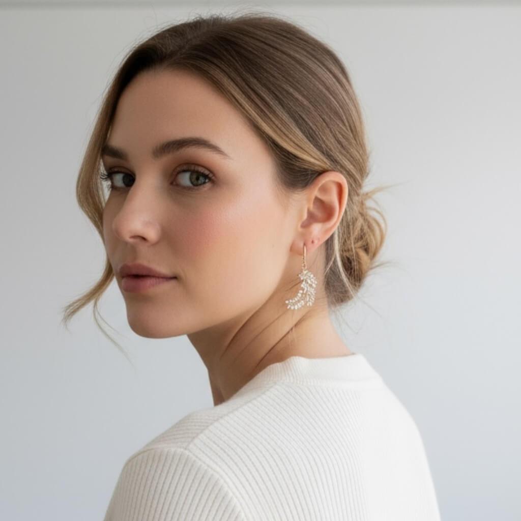 Boucle solo Gaspard — Boucle d'oreille unique branche de zircons — Bijou couture mariage artisanal — Vue portée — Les Majestés
