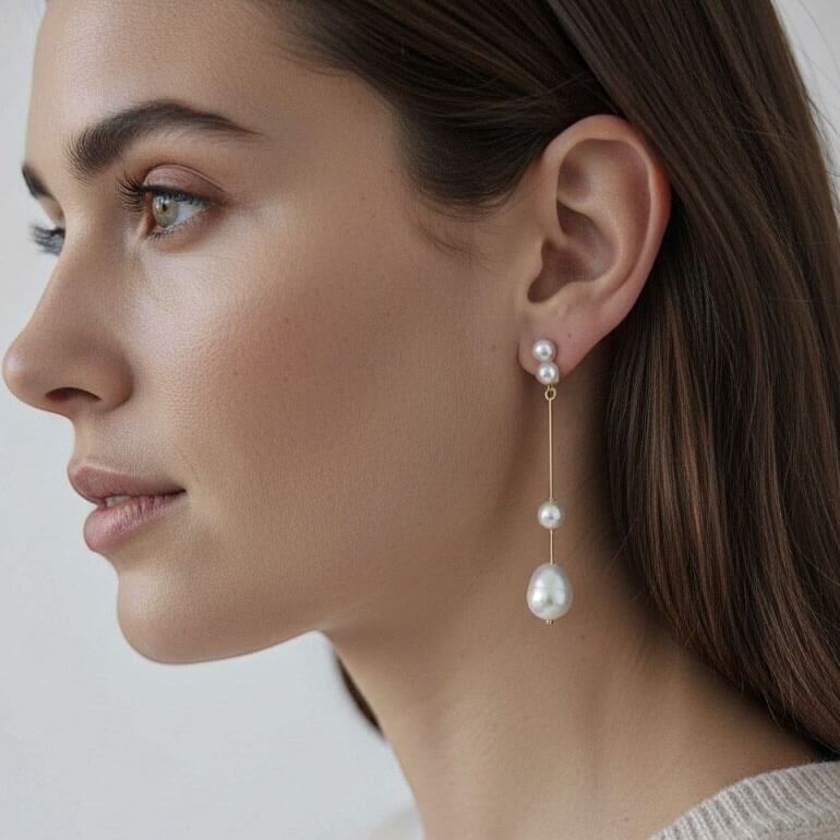 Boucle Ophélie — Boucles d'oreilles perles d'eau douce et fil gold filled — Bijou Mariage Couture artisanal — Vue portée — Les Majestés