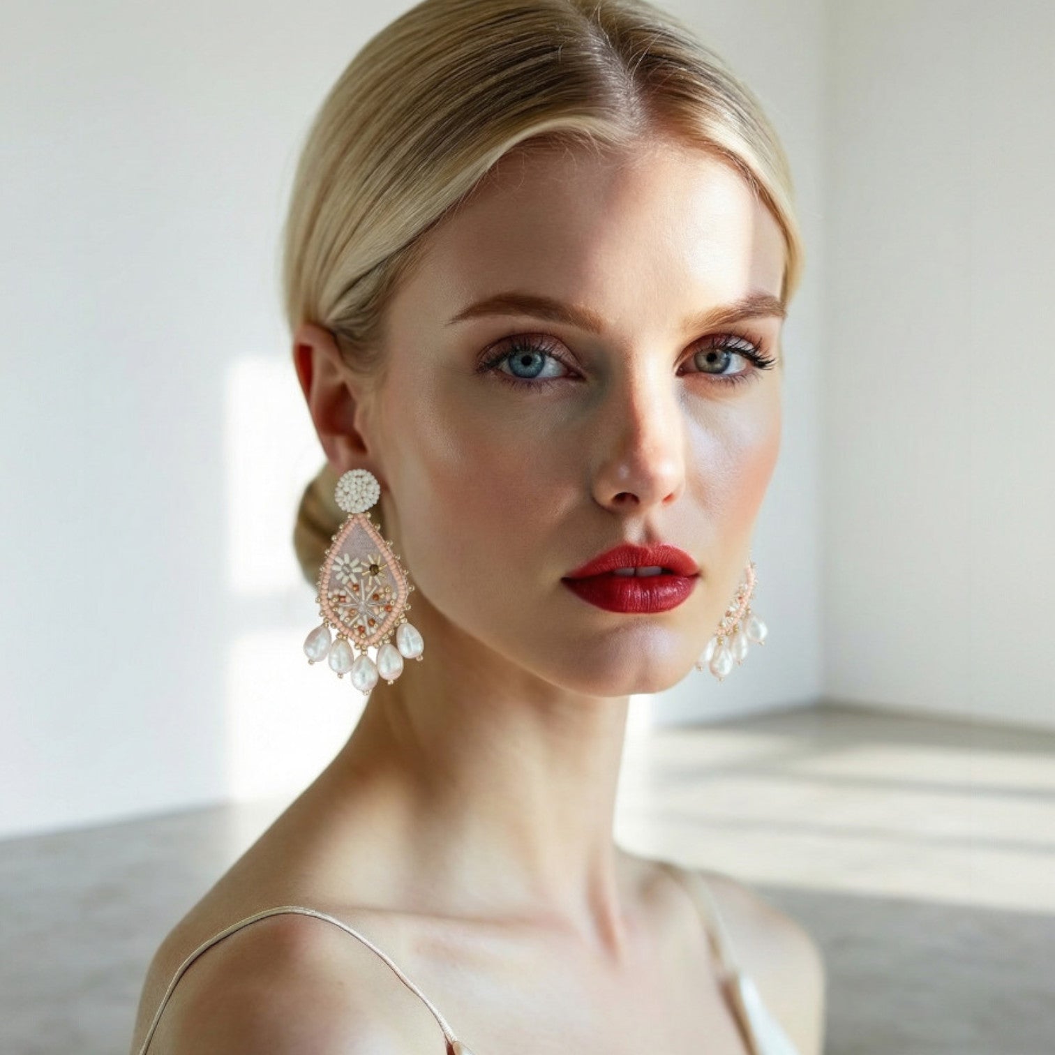 Boucles Aurora — Boucles d'oreilles brodées perles & cristaux — bijou couture artisanal — Vue portée — Les Majestés