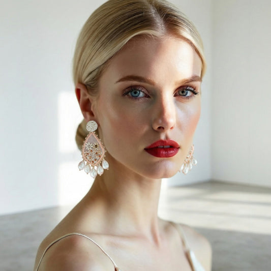 Boucles Aurora — Boucles d'oreilles brodées perles & cristaux — bijou couture artisanal — Vue portée — Les Majestés