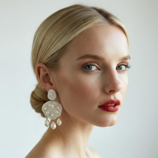 Boucles Colombe— Boucles d'oreilles brodées perles d'eau douce — Bijou Mariage artisanal —  Vue portée — Les Majestés