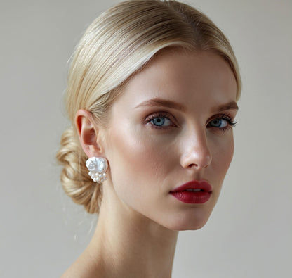 Boucles d'oreilles perles baroques et nacre Gaby portées en chignon — bijou couture cérémonie — Les Majestés