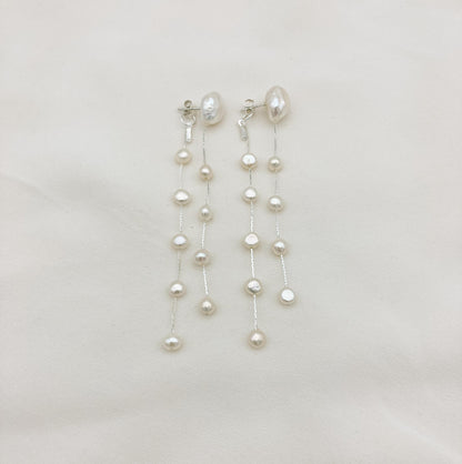 Boucles GAIA Argent— Boucles d'oreilles perles baroques et double chaîne — Bijou Mariée Couture artisanal — Les Majestés