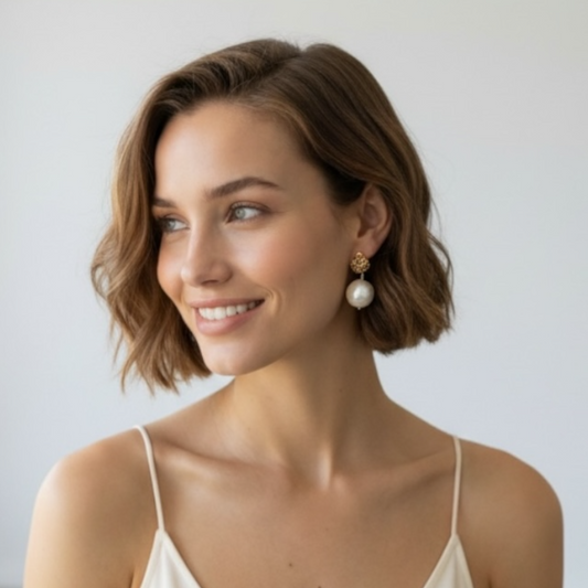 Boucle Marie — Boucles d'oreilles perles de coton irisé MIYUKI — bijou mariée artisanal — vue portée —  Les Majestés