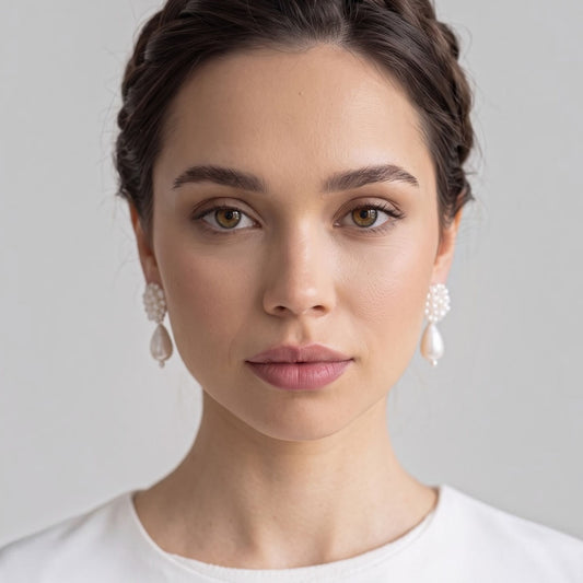 Boucles d'oreilles perles baroques et perles d'eau douce Romy portées de face — bijou couture mariage — Les Majestés