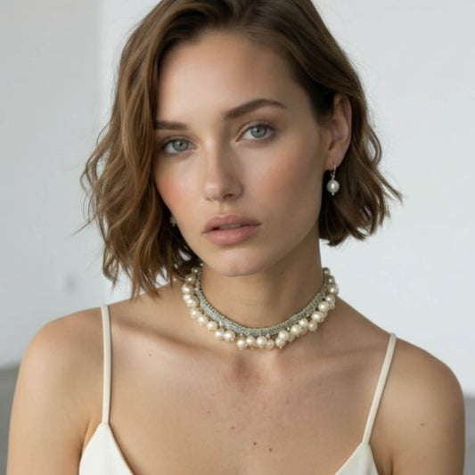 Collier choker Sophie— Collier perles nacrées, tissage & rubans satin — Bijou Couture artisanal —  Vue portée — Les Majestés
