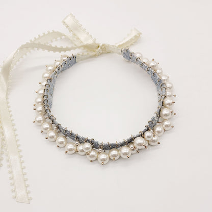 Collier choker Sophie— Collier perles nacrées, tissage & rubans satin — Bijou Couture artisanal — Les Majestés
