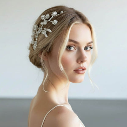 Ornement Claudine — floral brodé perles et soie — Accessoire de cheveux Mariage Couture artisanal — Vue portée — Les Majestés