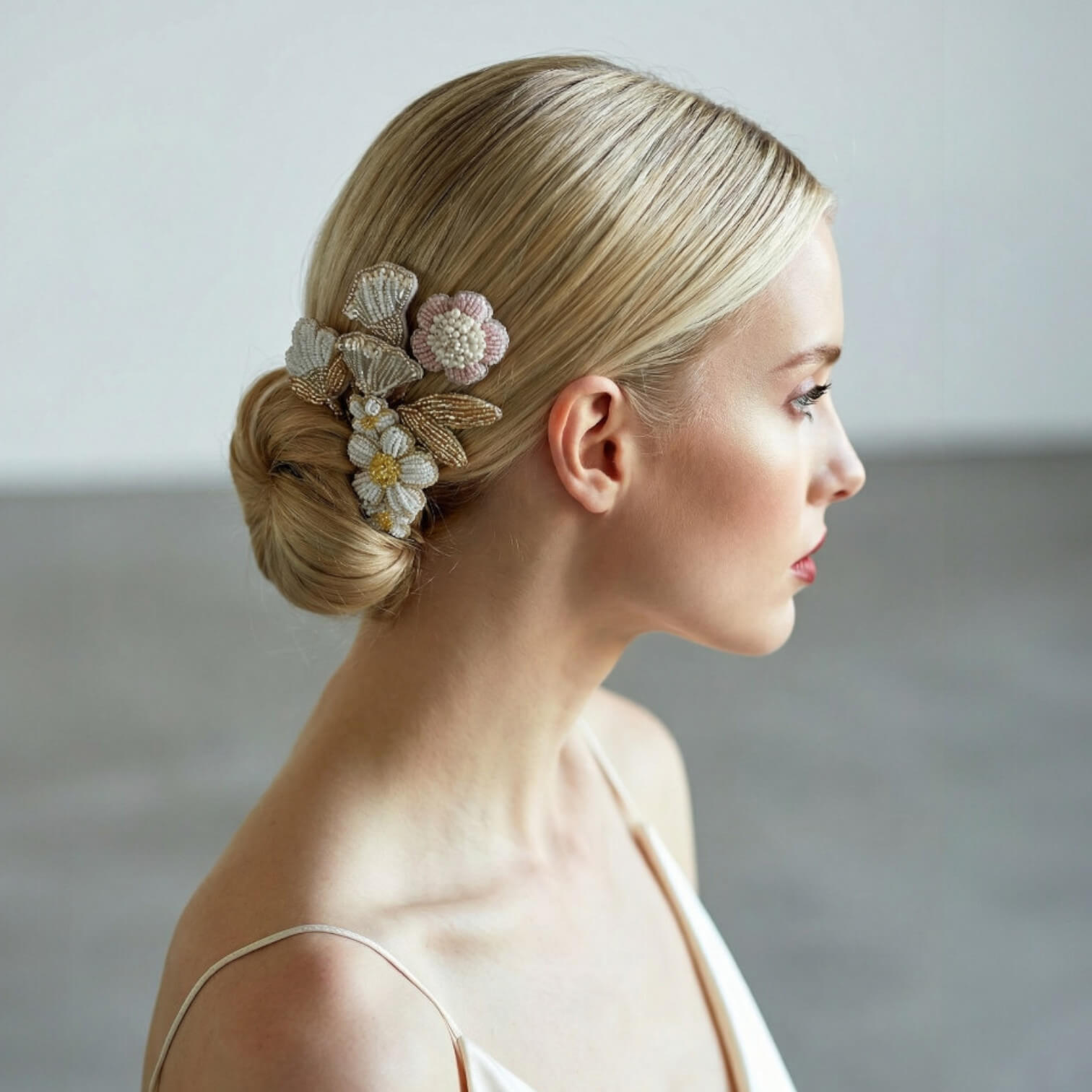 Peigne Shirley — Peignes brodés perles MIYUKI — Accessoires cheveux Mariée couture artisanal — Vue portée — Les Majestés