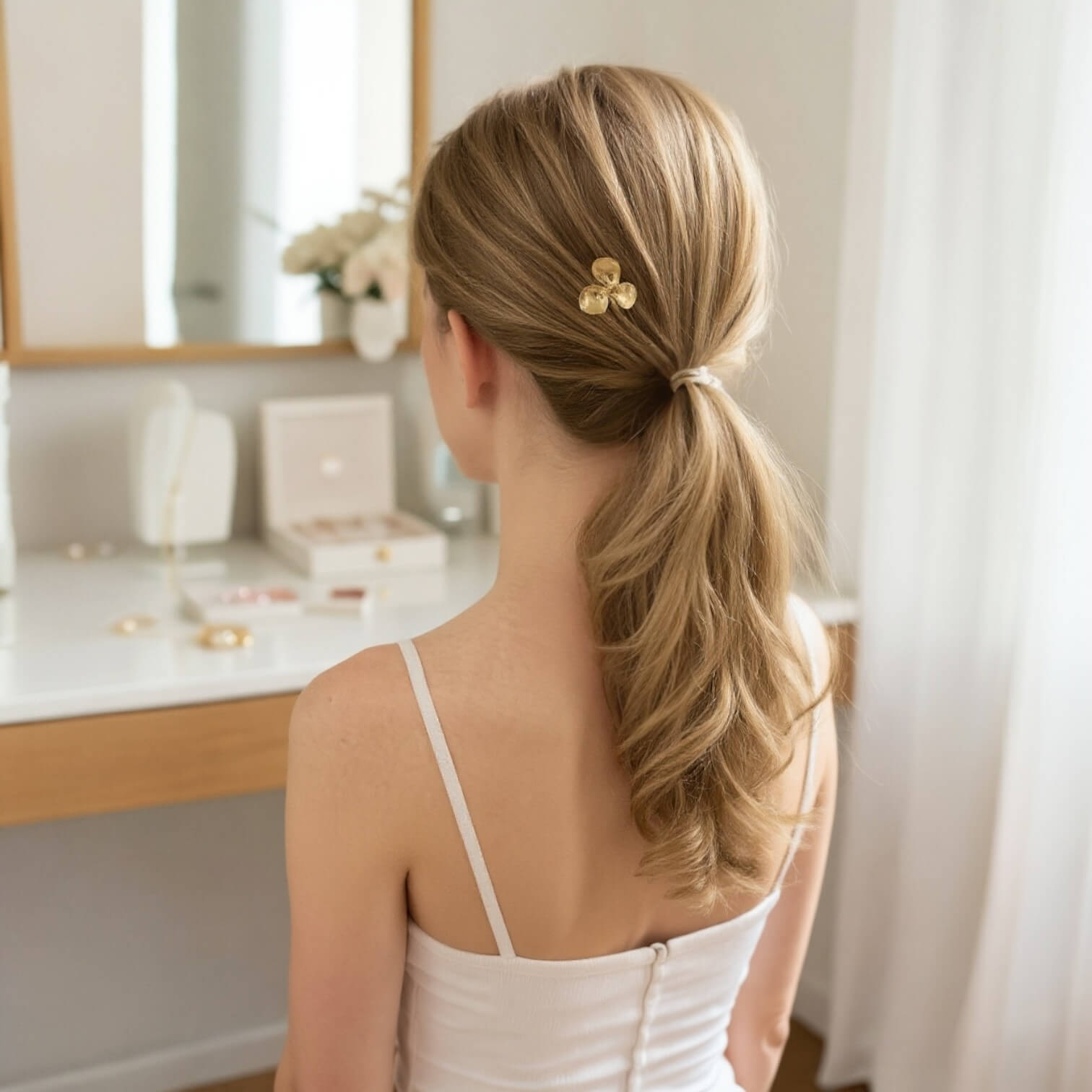 Pic PERCÉE — Pic à cheveux fleur dorée — Bijou Mariage Couture artisanal — Vue portée — Les Majestés
