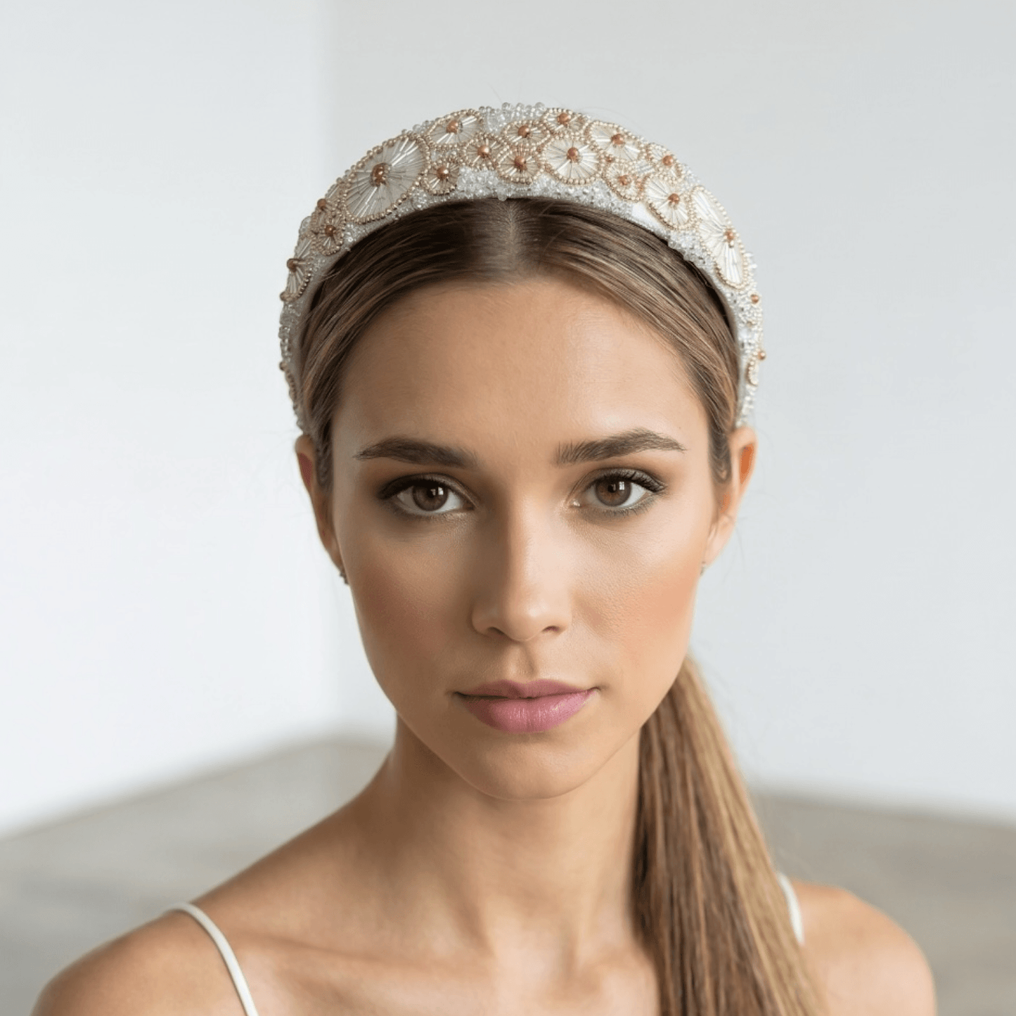 Serre-tête Anne- accessoire de cheveux mariée –Mariage- couture artisanal - Vue portée -  Les Majestés