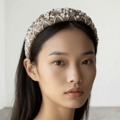 Serre-tête Carla- accessoire de cheveux mariée –Mariage- couture artisanal - Vue portée -  Les Majestés