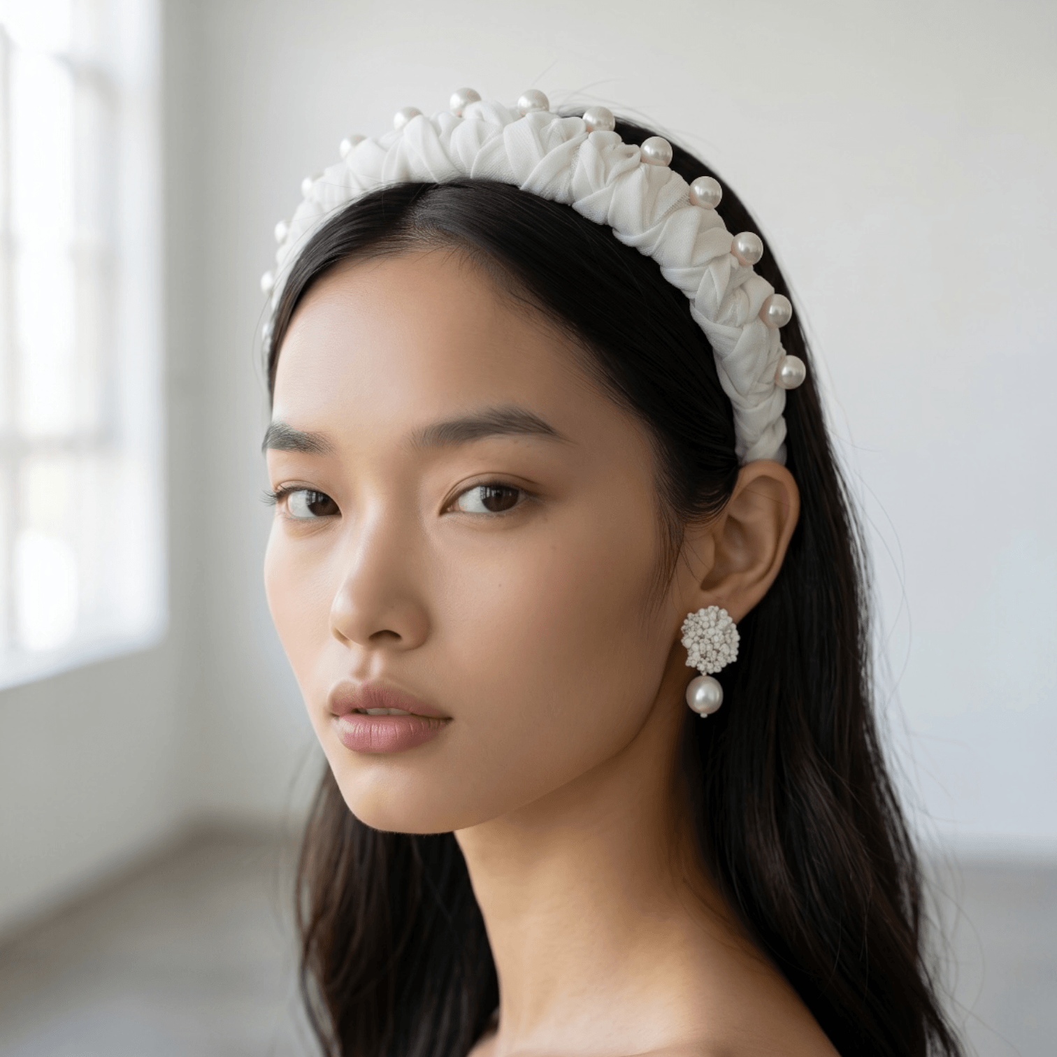Serre-tête Odette- accessoire de cheveux mariée –Mariage- couture artisanal - Vue portée -  Les Majestés