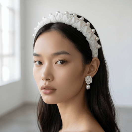 Serre-tête Odette- accessoire de cheveux mariée –Mariage- couture artisanal - Vue portée -  Les Majestés